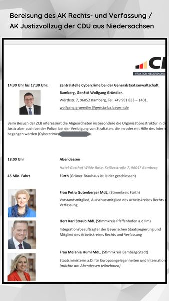 Es war mir eine Freude, mich mit Rechtspolitikern der CDU aus Niedersachensen über Justizvollzug, Cyber Crime u.v.m. auszutauschen. Danke an die Landtagsabgeordneten Christian Calderone, Christoph Plett, Marina Machulla und Referenten Volker Klauke!
Foto: CDU Fraktion Niedersachsen