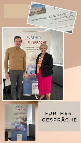 Fürther Gespräche zur Zukunft der Notfallversorgung - ein interessantes Gespräch mit vielen Anregungen beim Institut für notfallmedizinische Bildung INOB in Fürth. Danke an Prof. Dr. med. Dormann (Chefarzt Zentrale Notaufnahme Klinikum Fürth), Klaus Meyer (Vorsitzender AGNF Notfallmedizin) und Marc Gistrichovsky (Abteilungsleiter Integrierte Leitstelle) für die klaren Worte.
Fotos: inob und Petra Guttenberger