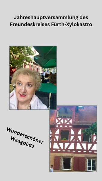Die Jahreshauptversammlung des Freundeskreises F&uuml;rth-Xylokastro mit anschlie&szlig;endem griechischen Fest. Ein geeigneteres Pl&auml;tzchen als den Waagplatz gibt es daf&uuml;r nicht - einmal der perfekte Raum f&uuml;r en solches Netzwerktreffen. Danke an Hilde Langfeld f&uuml;r die tolle Organisation!
Foto: privat